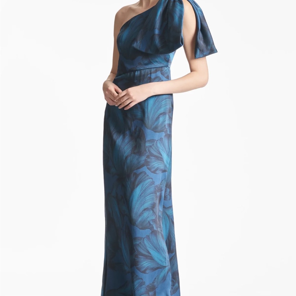 Sachin + Babi Asymmetrical Ruffled Blue and Black Maxi Gown